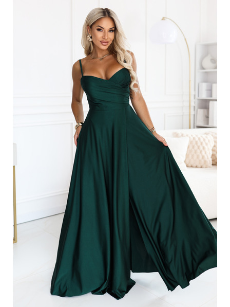 numoco Rochie de seară lungă pe umeri cu splet la picior - verde sticlă