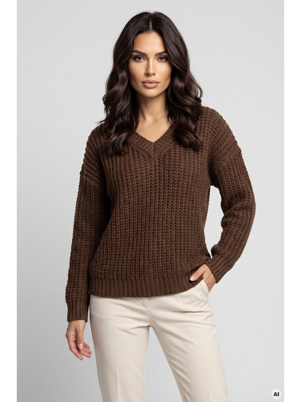 numoco Pulover oversized cald cu țesătură densă și decolteu în V - ciocolată