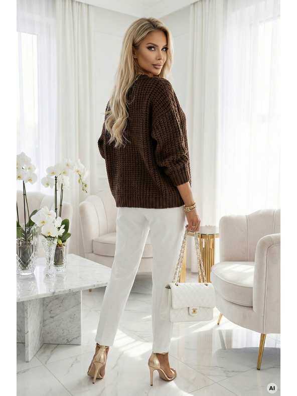 numoco Pulover oversized cald cu țesătură densă și decolteu în V - ciocolată