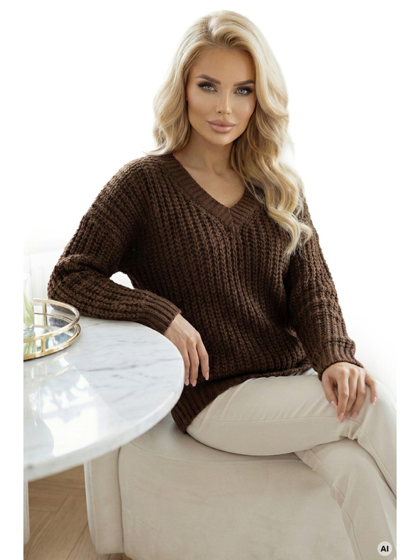numoco Pulover oversized cald cu țesătură densă și decolteu în V - ciocolată