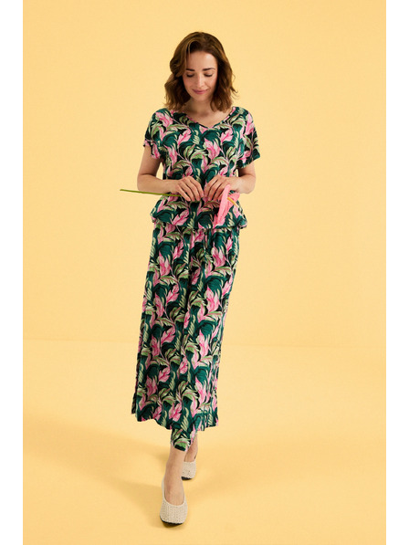 Moodo Pantaloni culottes cu floral verde