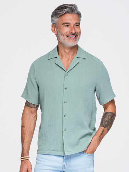 Ombre Clothing Cămașă din muselină pentru bărbați cu guler cuban – verde pastel V3 OM-SHSS-0223 Ombre Clothing