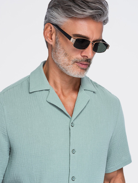 Ombre Clothing Cămașă din muselină pentru bărbați cu guler cuban – verde pastel V3 OM-SHSS-0223 Ombre Clothing