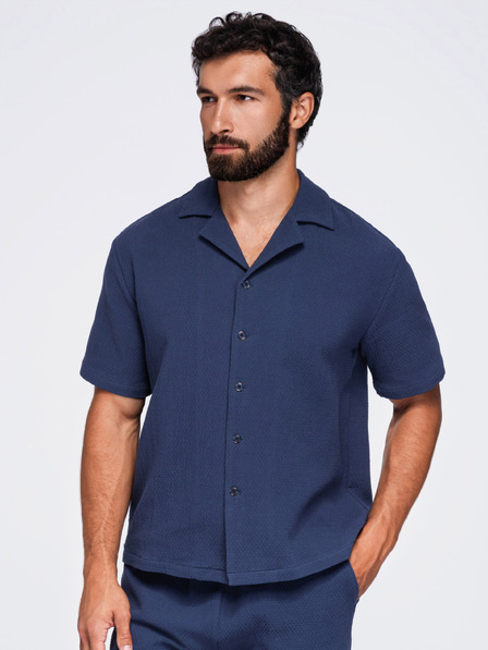 Ombre Clothing Cămașă din bumbac pentru bărbați cu guler cuban – albastru închis V1 OM-SHSS-0220 Ombre Clothing