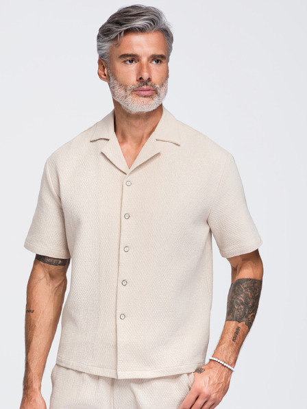 Ombre Clothing Cămașă din bumbac pentru bărbați cu guler cuban – fildeș V2 OM-SHSS-0220 Ombre Clothing