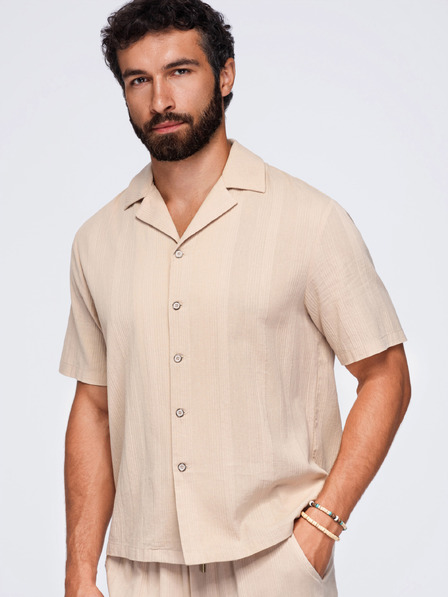 Ombre Clothing Cămașă din bumbac pentru bărbați cu guler cuban – bej deschis V1 OM-SHSS-0221 Ombre Clothing