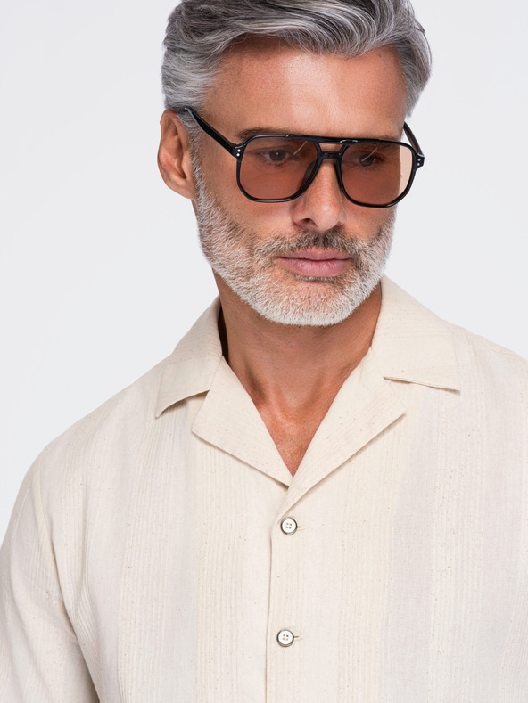 Ombre Clothing Cămașă din bumbac pentru bărbați cu guler cuban – crem V3 OM-SHSS-0221 Ombre Clothing