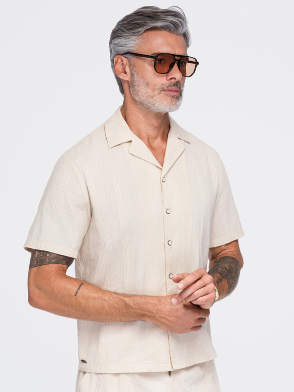 Ombre Clothing Cămașă din bumbac pentru bărbați cu guler cuban – crem V3 OM-SHSS-0221 Ombre Clothing