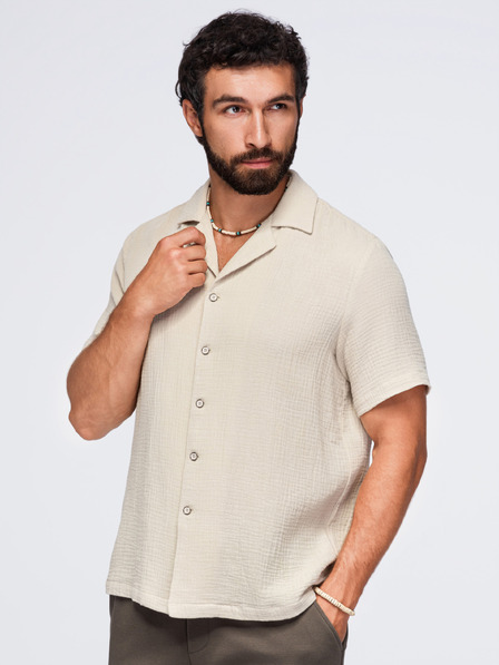 Ombre Clothing Cămașă din muselină pentru bărbați cu guler cuban – bej V1 OM-SHSS-0223 Ombre Clothing