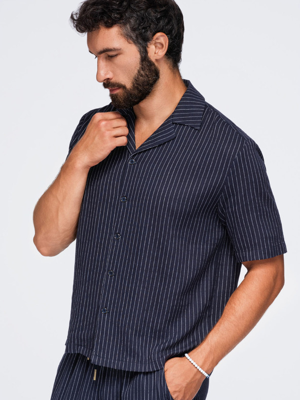 Ombre Clothing Cămașă cu dungi din viscoză și in cu croială regular pentru bărbați cu guler cuban – albastru închis V2 OM-SHSS-0222 Ombre Clothing