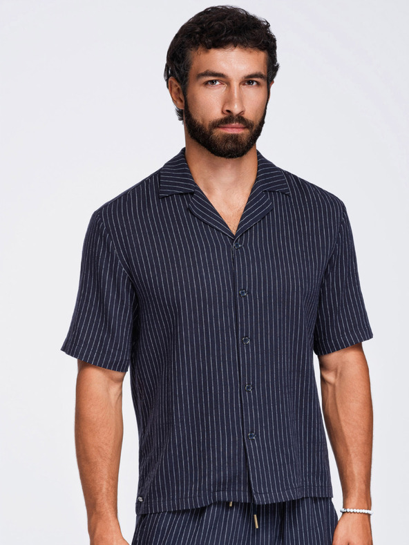 Ombre Clothing Cămașă cu dungi din viscoză și in cu croială regular pentru bărbați cu guler cuban – albastru închis V2 OM-SHSS-0222 Ombre Clothing