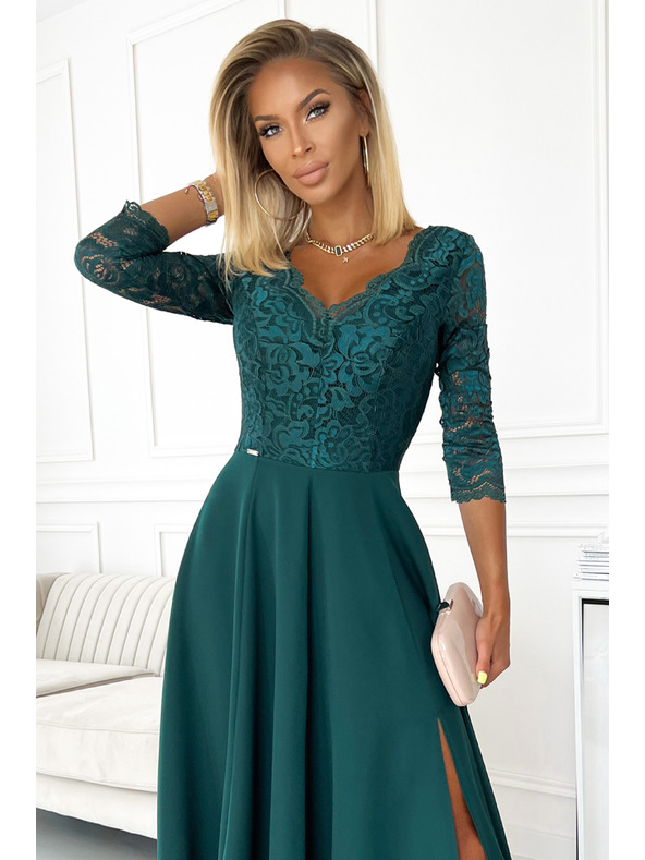 numoco Rochie lungă elegantă din dantelă cu decolteu - verde Numoco AMBER