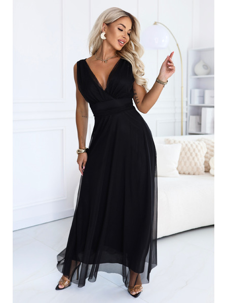 numoco Rochie maxi elegantă cu decolteu cu legătură și spate gol - negru