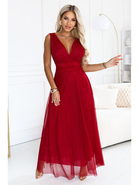 numoco Rochie maxi elegantă cu decolteu cu legătură și spate gol - bordo deschis