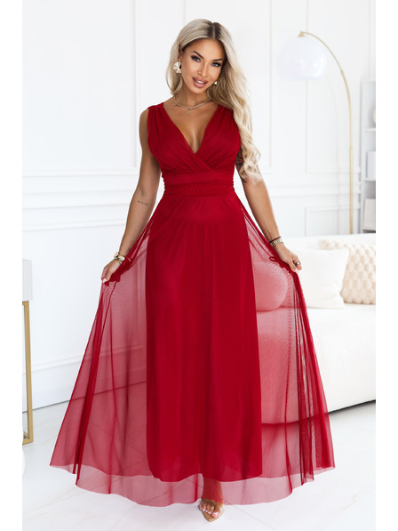 numoco Rochie maxi elegantă cu decolteu cu legătură și spate gol - bordo deschis