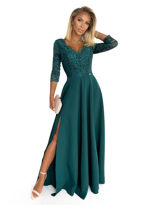 numoco Rochie lungă elegantă din dantelă cu decolteu - verde Numoco AMBER