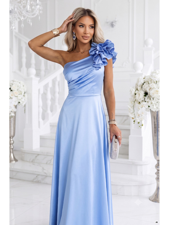 numoco Rochie de seară maxi din satin pe un umăr cu volant decorativ - albastru deschis