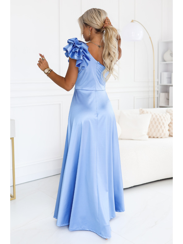 numoco Rochie de seară maxi din satin pe un umăr cu volant decorativ - albastru deschis