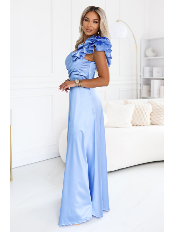 numoco Rochie de seară maxi din satin pe un umăr cu volant decorativ - albastru deschis