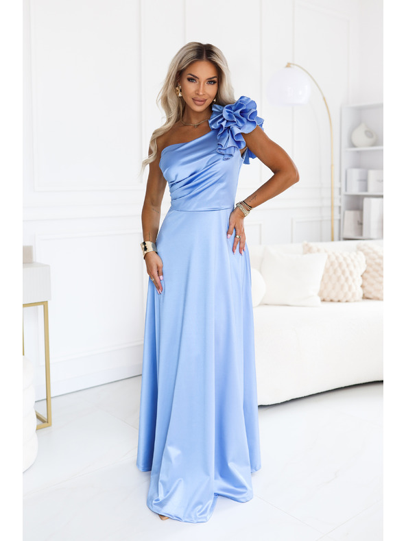 numoco Rochie de seară maxi din satin pe un umăr cu volant decorativ - albastru deschis
