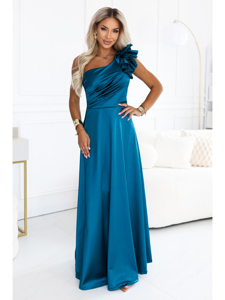numoco Rochie de seară maxi din satin pe un umăr cu volant decorativ - verde marin