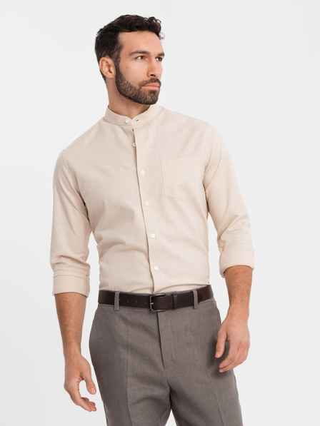 Ombre Clothing Cămașă din in pentru bărbați cu guler ridicat și buzunar, tăietura REGULAR FIT – crem V3 K704 Ombre Clothing