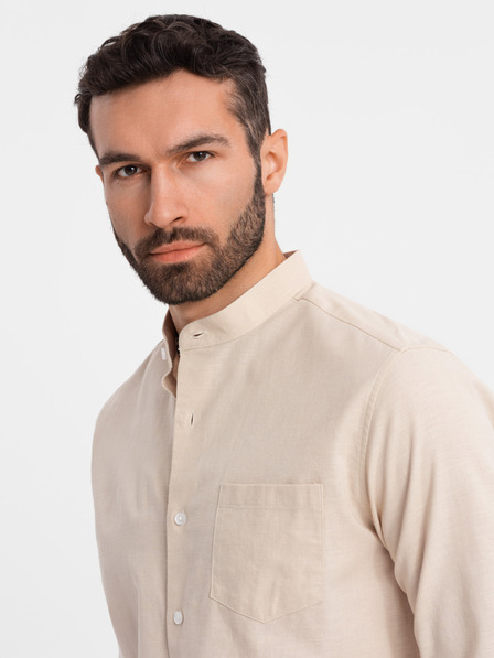 Ombre Clothing Cămașă din in pentru bărbați cu guler ridicat și buzunar, tăietura REGULAR FIT – crem V3 K704 Ombre Clothing