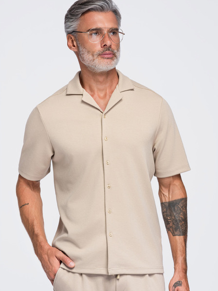 Ombre Clothing Cămașă pentru bărbați cu mânecă scurtă și guler cubanez – bej V3 OM-SHCS-0220 Ombre Clothing