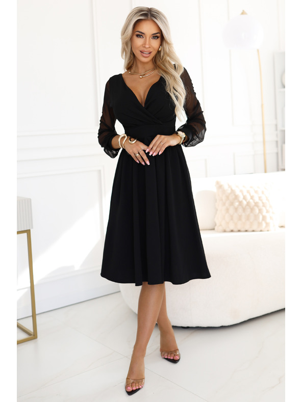 numoco Rochie midi elegantă cu decolteu wrapper și mâneci din tul - neagră