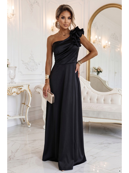 numoco Rochie de seară maxi din satin pe un singur umăr cu volant decorativ - negru