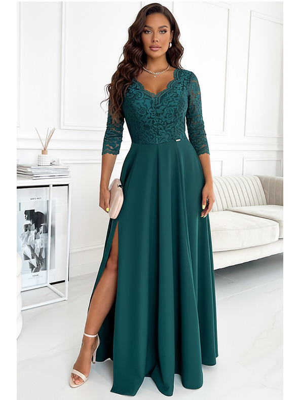 numoco Rochie lungă elegantă din dantelă cu decolteu - verde Numoco AMBER