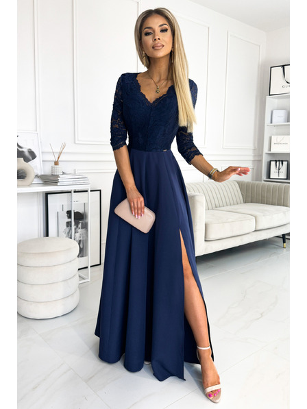 numoco Rochie lungă elegantă din dantelă cu decolteu - albastru închis Numoco AMBER