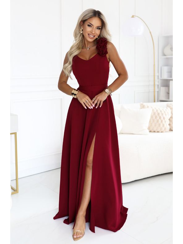 numoco Rochie elegantă de seară maxi cu splet și trandafiri - bordo