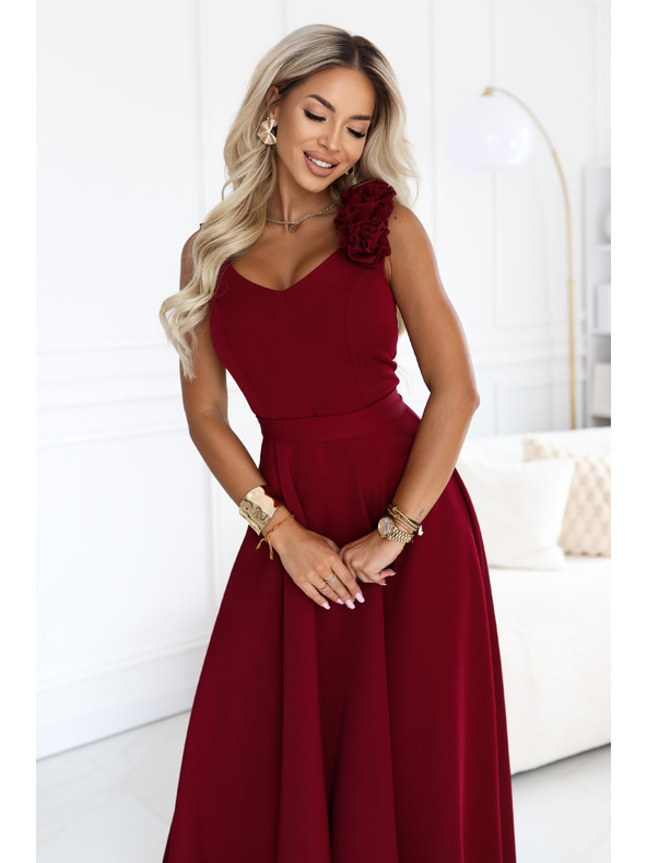 numoco Rochie elegantă de seară maxi cu splet și trandafiri - bordo