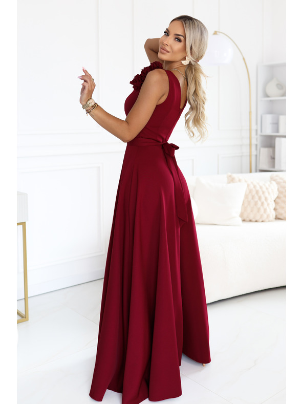 numoco Rochie elegantă de seară maxi cu splet și trandafiri - bordo