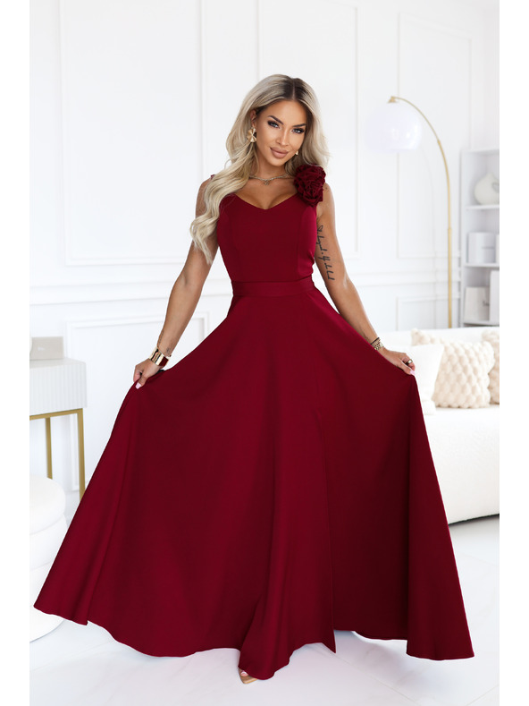 numoco Rochie elegantă de seară maxi cu splet și trandafiri - bordo