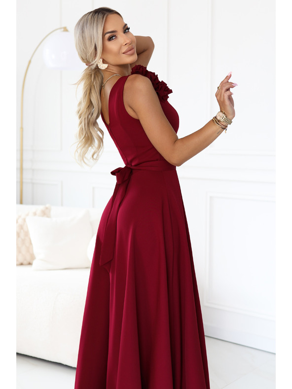 numoco Rochie elegantă de seară maxi cu splet și trandafiri - bordo