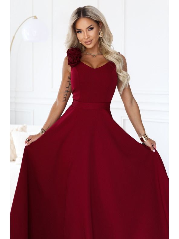 numoco Rochie elegantă de seară maxi cu splet și trandafiri - bordo