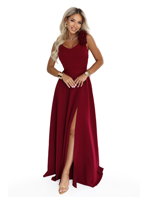numoco Rochie elegantă de seară maxi cu splet și trandafiri - bordo