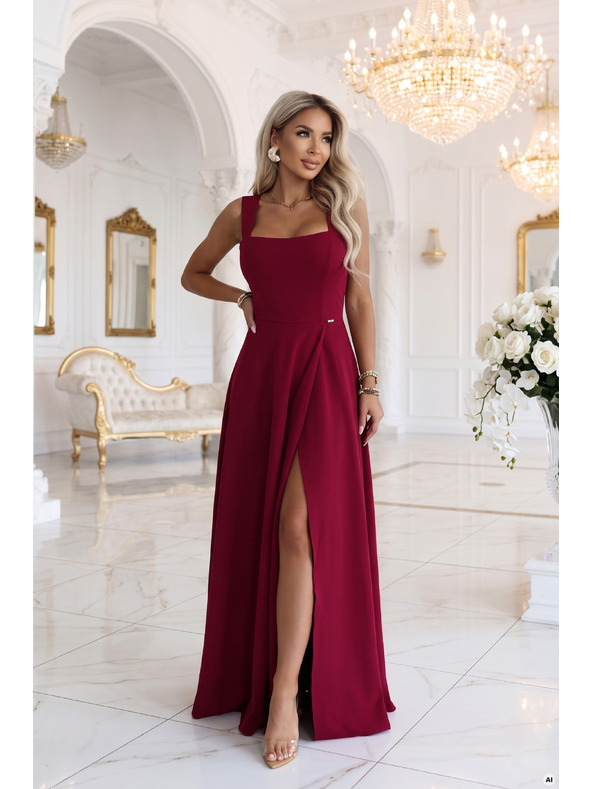 numoco AURELIA Rochie lungă cu spărtură pe picior și decolteu pătrat - burgundy