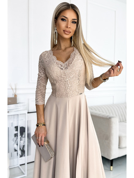 numoco Rochie lungă elegantă din dantelă, cu decolteu și crăpătură pe picior - bej Numoco AMBER