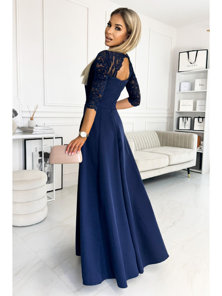 numoco Rochie lungă elegantă din dantelă cu decolteu - albastru închis Numoco AMBER