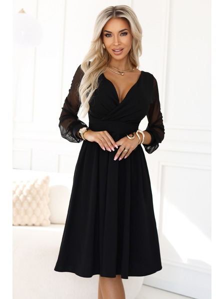 numoco Rochie midi elegantă cu decolteu wrapper și mâneci din tul - neagră