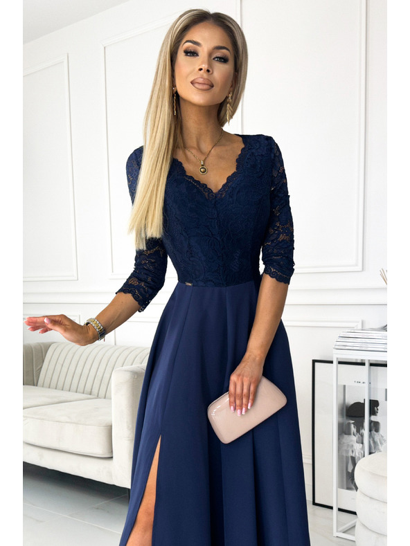 numoco Rochie lungă elegantă din dantelă cu decolteu - albastru închis Numoco AMBER