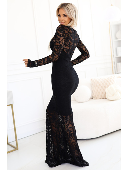 numoco Rochie de seară din dantelă maxi cu mânecă lungă - neagră