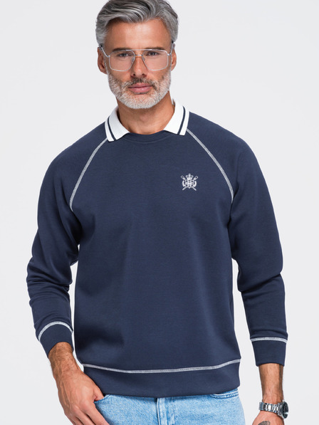 Ombre Clothing Bluză pentru bărbați cu broderie și guler contrastant – albastru închis V1 OM-SSNZ-0269 Ombre Clothing