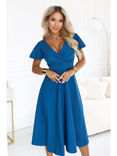numoco Rochie midi evazată cu decolteu încrucișat și mânecă scurtă - verde marin