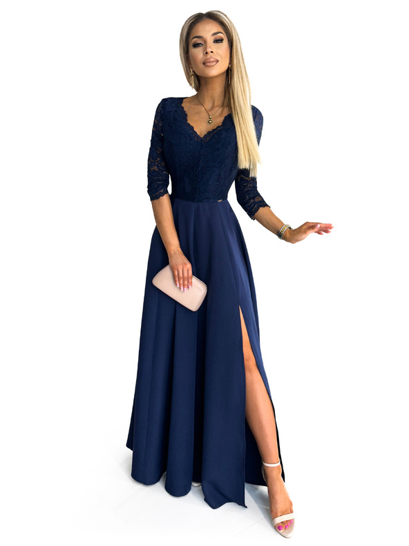 numoco Rochie lungă elegantă din dantelă cu decolteu - albastru închis Numoco AMBER