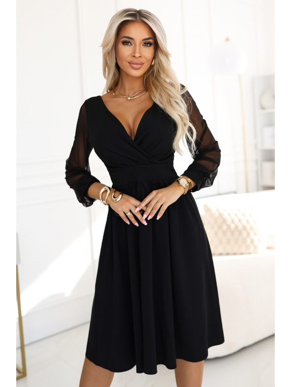 numoco Rochie midi elegantă cu decolteu wrapper și mâneci din tul - neagră