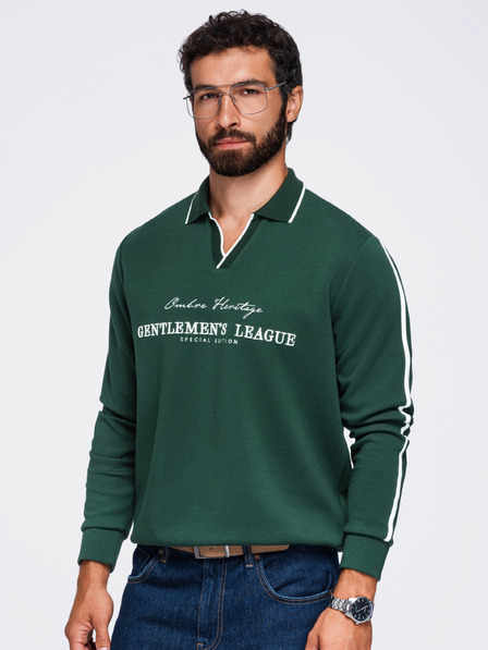 Ombre Clothing Hanorac bărbătesc cu guler și decupaj în V cu broderie pe piept – verde închis V3 OM-SSNZ-0268 Ombre Clothing